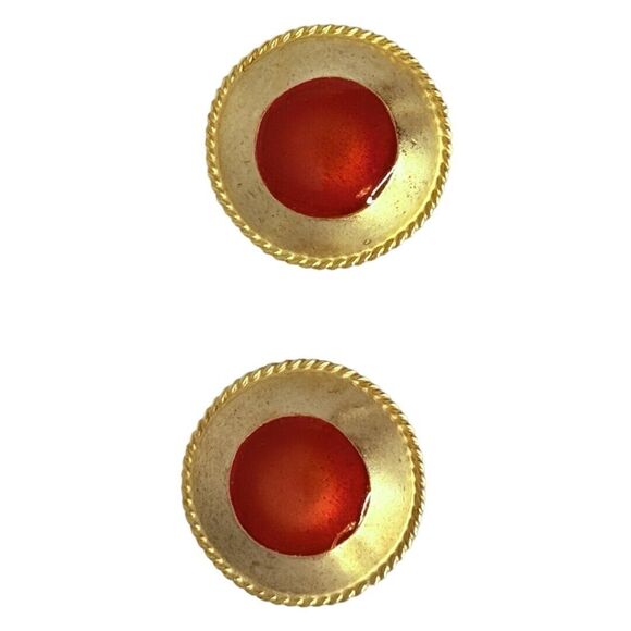 Gold-Tone Button Clip On Earrings 1" Statement Glass Jewelry, Unique - Picture 5 of 11